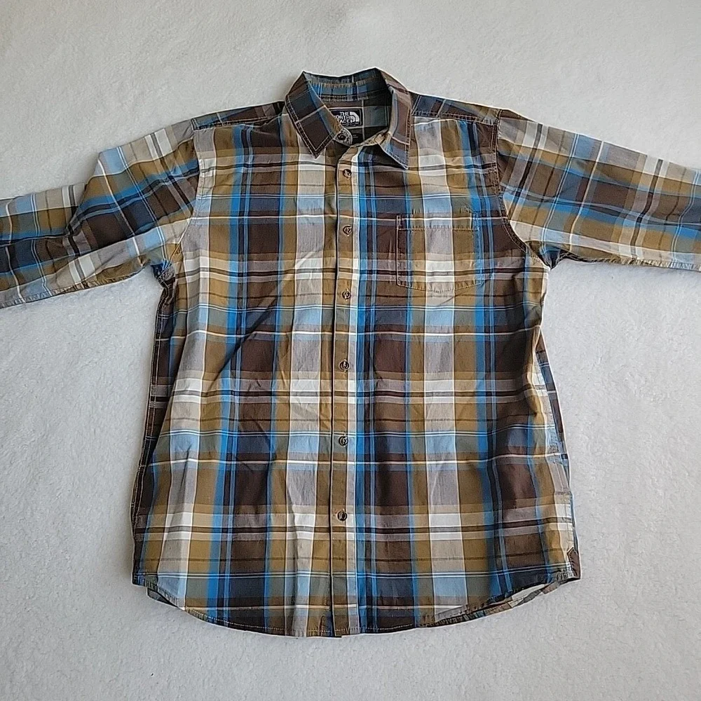 The North‎ Face Shirt Mens Large Blue Plaid Button Up Long Sleeve Outdoor Hiking